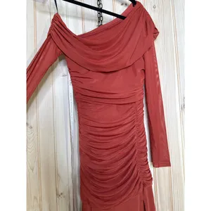 NWT Lulus Darla Rust Red Mesh One-Shoulder Long Sleeve Maxi Dress Bridesmaid S thumbnail 5