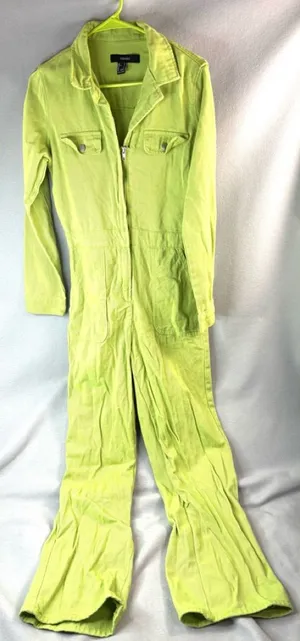 Forever 21 L Denim Lime Green Long Sleeve Zip-Front Jumpsuit thumbnail 1