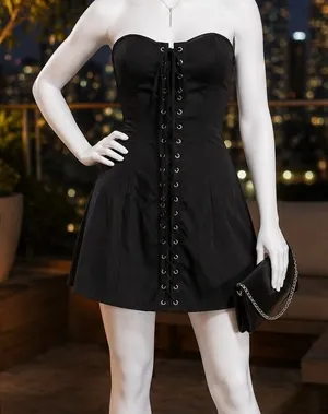 Blowurmind Womens Mini Dress Black Corset Lace Up Back Sweetheart‎ L thumbnail 1