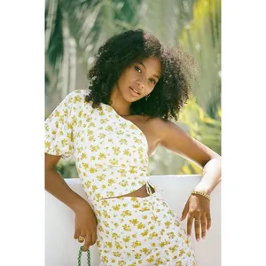 Sabo Skirt Women Maxi Dress S Yellow Floral One Shoulder Cut Out Ruched Slit thumbnail 2