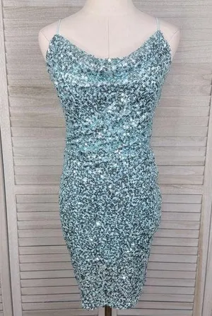 WINDSOR Blue Sequined Bodycon Mini Dress with Draped Neck & Cutout Back-Medium thumbnail 1