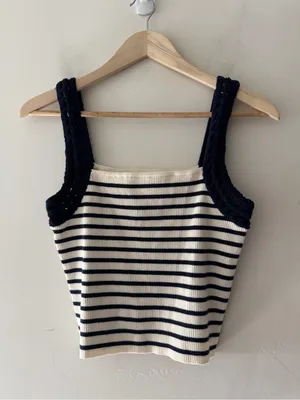 Aerie Striped Ribbed Knit Tank Top Crochet Straps thumbnail 2
