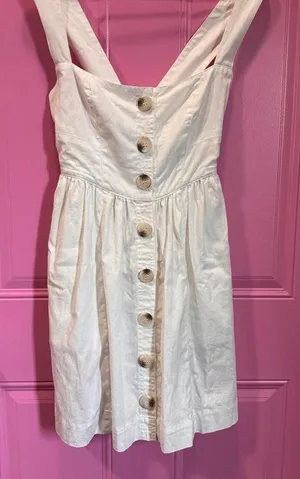 Free People Linen Cotton Button Front‎ Mini Dress Size 0 Square Neck Pockets thumbnail 1