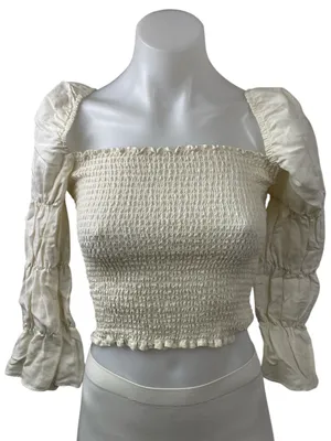 Reformation White Linen Smocked Square Neck 3/4 Puff Sleeve Crop Blouse Top XS thumbnail 2