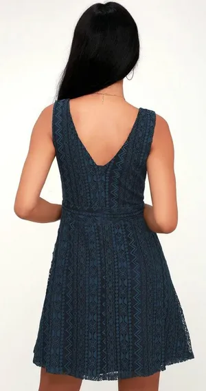 Lulus Navy Blue Lace Skater Dress thumbnail 3