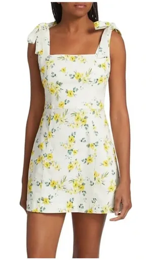 Alice + Olivia Maryann Tie Shoulder Mini Dress Yellow Floral White Denim Size 0 thumbnail 1