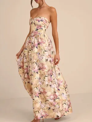 Lulu's Kathani Light Yellow Floral Jacquard Bustier Maxi Dress NWT Size S thumbnail 4
