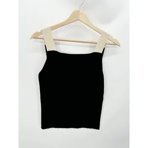 Black Cream Square Neck Knit Tank Top Sleeveless Contrast Trim Sz M Quiet Luxury thumbnail 3