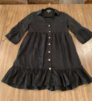 C'est Toi Flounce black 3/4 sleeve tiered Button down casual Swing Dress thumbnail 1