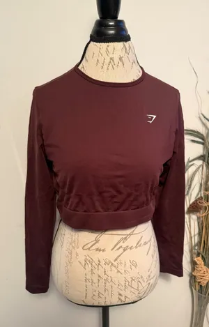 Gymshark Womens XXL‎ Burgundy Long Sleeve Crop Top Athletic Training Shirt thumbnail 1