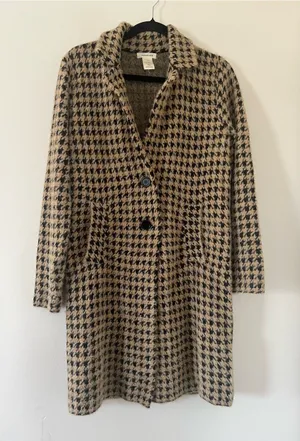 Houndstooth Knit Jacket Coatigan Small Tan Black Quiet Luxury Old Money Layering thumbnail 1