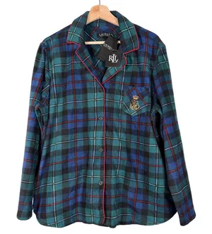 RRL Lauren Ralph Lauren Plaid Flannel Pajama Shirt Top‎ only Embroidered Logo XL thumbnail 1
