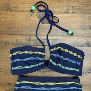 Aerie Two Piece Swimsuit Blue Embroidered Full Coverage High Waist Bottom M/L thumbnail 3