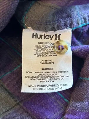 Hurley purple gray blue plaid flannel long sleeve metal stud pocket flaps size L thumbnail 7