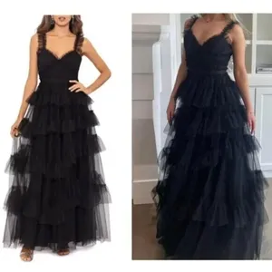 BETSY & ADAM Tiered Ruffle Tulle Gown in Black Size US 4 thumbnail 2