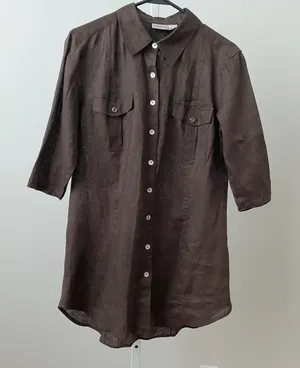 Chico's‎ Coastal 100% Linen Resortwear Button Tunic 2 Brown Shirt Blouse thumbnail 1
