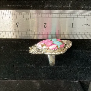 Sterling Silver 925 Adjustable ring. Cotton Candy Pink and Turquoise Stone Ring thumbnail 4