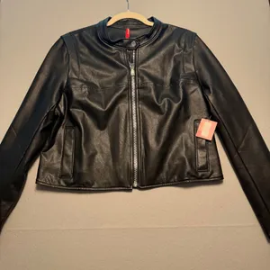 Spanx NWT Faux Leather Moto Jacket Black Full Zip Biker Coat Women XL thumbnail 1