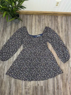 Lush Womens Navy Square Neck Floral Mini Dress Puff Sleeves Elastic Cuff XL thumbnail 3
