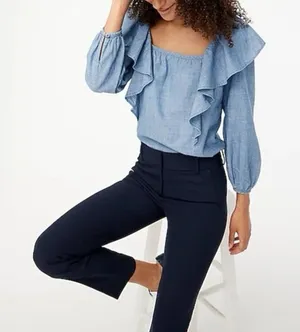 J. Crew Chambray Ruffle Square Neck Long Sleeve Top Blouse Blue Size Med BK626 thumbnail 1