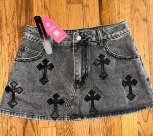 Romwe Gray Denim Mini Skirt with Black Cross Appliqués Medium NWT thumbnail 1