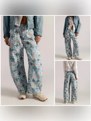 NWOT Free People We The Free Good Luck Printed Barrel Jeans - Jade Combo - 26 thumbnail 2