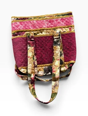 Vintage Quilted Tote Bag Burgundy Pink Floral Patchwork Boho Large Cottagecore thumbnail 1