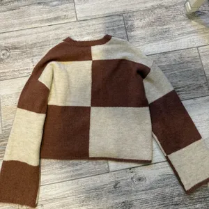 White Crow Checkered Tan & Cream Crew Neck Sweater thumbnail 5