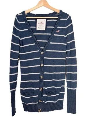 Hollister Women's Striped Y2K Cardigan‎ Sweater M Navy Blue White Rabbit Hair thumbnail 1
