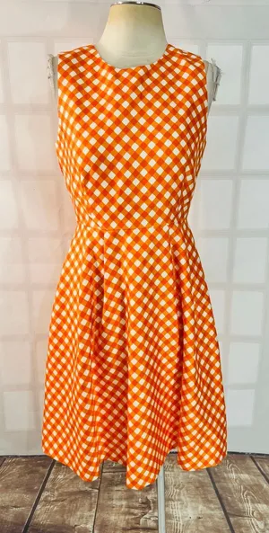 Kate Spade Orange White Plaid Tallulah Gingham Silk Blend Sleeveless Dress Sz 6 thumbnail 1