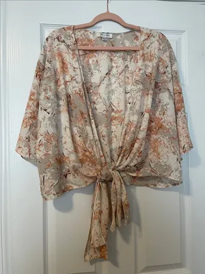 She + Sky Cream Tie-Front Floral Print Blouse with Rust Accents thumbnail 1