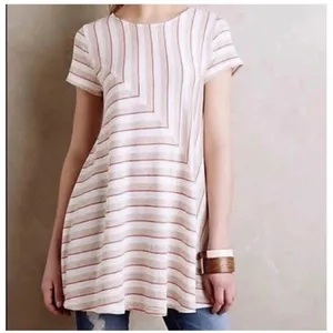 Anthropologie Puella Short Sleeve Striped Swing Tunic‎ Top Beige Medium USA Made thumbnail 3