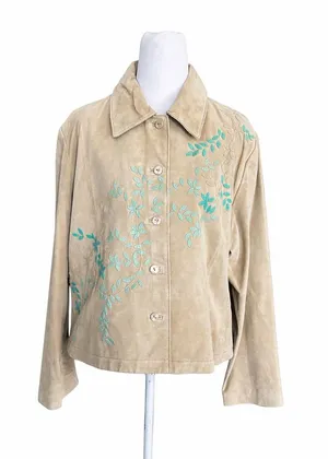 Coldwater Creek Women's L Tan‎ Genuine Suede 100% Leather Jacket Floral Applique thumbnail 1
