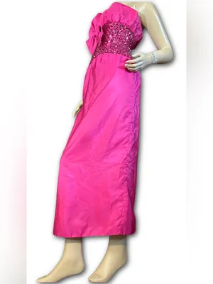 Vintage 1980'S Hot Pink Mike Benet Strapless Satin & Rhinestone Formal Dress (Xs thumbnail 7