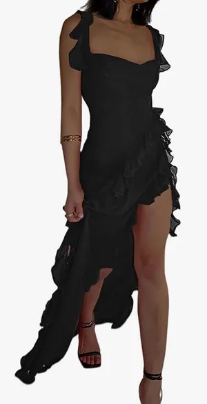 Black Maxi Slit Dress With Mesh Frills thumbnail 2