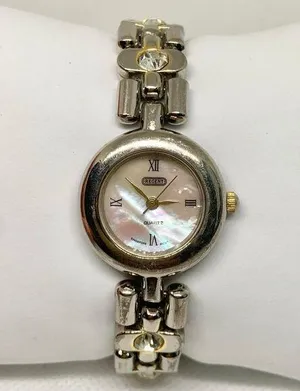 Vintage Regent watch women silver tone 24mm mop dial rhinestones size 7” running thumbnail 1