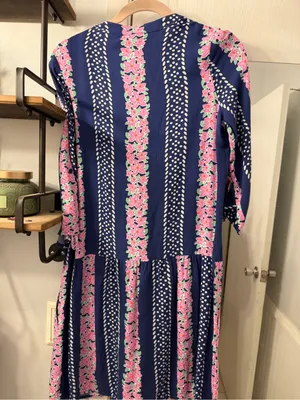 Southern Tide Navy Dress with Pink Floral & White Dot Accents thumbnail 4