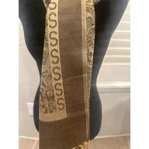 Elegant Brown Gold Paisley Print Scarf Wrap Fringe Viscose Acrylic winter boho thumbnail 4