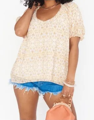 Show Me Your Mumu Women's Kirby Floral Puff Short Sleeve Blouse Yellow Sz Medium thumbnail 1