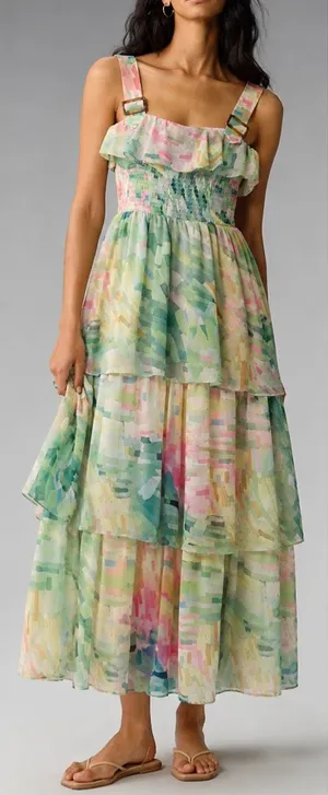 Anthropologie Hutch NWT pastel abstract print smocked tiered midi stress size sm thumbnail 1