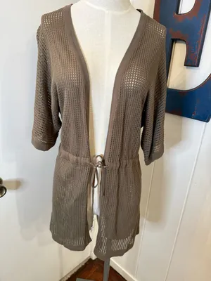 NAF NAF Olive Green Open-Knit Cardigan with Waist Tie Swim Cover Sz M thumbnail 1