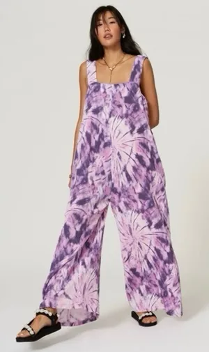 SHOW ME YOUR MUMU Summerland Jumpsuit Size L Purple Tie Dye Wide Leg Boho Resort thumbnail 1