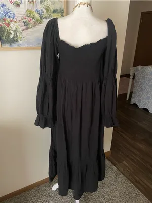 Quince 100% Organic Cotton Gauze Maternity Smocked Midi Dress Black Large thumbnail 9