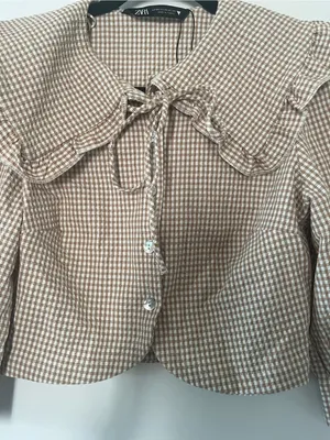 Zara Tan White Gingham Collared Puff Sleeve Top XS Cottagecore Western Farm thumbnail 3