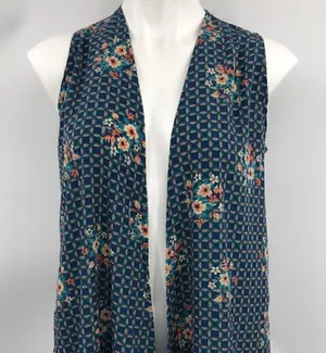 Lularoe small teal orange sleeveless open cardigan duster thumbnail 1