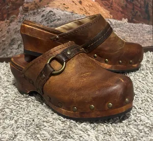Frye Brown Distressed Leather Studded Clogs with Ring Strap thumbnail 1