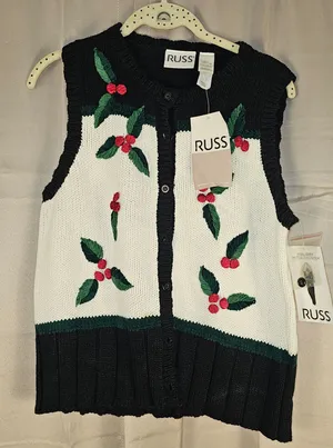 NWT Vintage Russ Womens Christmas Holly Sweater Vest‎ Medium 8 10 NOS thumbnail 1