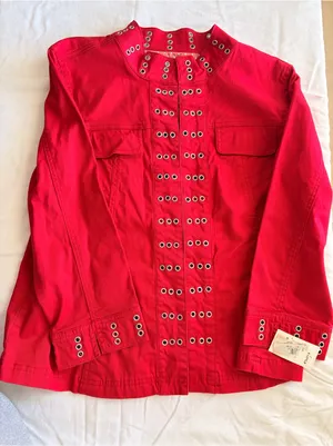 Live a Little Red Grommet Eyelet Jacket Size L Y2K Stretch Cotton thumbnail 4