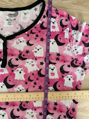 Birdie Bean‎ Large Ghost Print PJ Long Sleeve Henley Pink Black Bamboo Halloween thumbnail 5