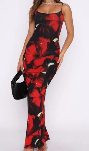 White Fox Red Floral Mesh Maxi Dress – Size Medium thumbnail 1